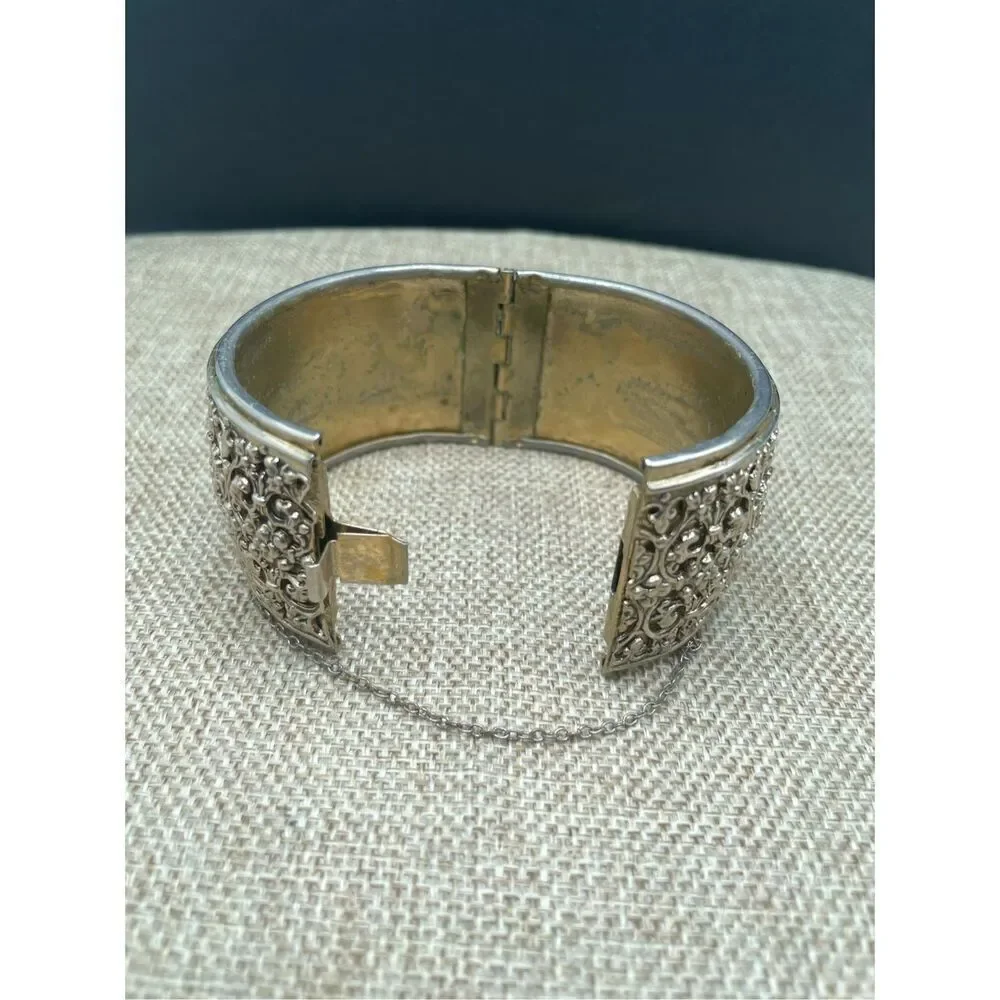 Vintage Silver Tone Wide Cuff Bangle Bracelet Scrolled Fancy Safety Chain